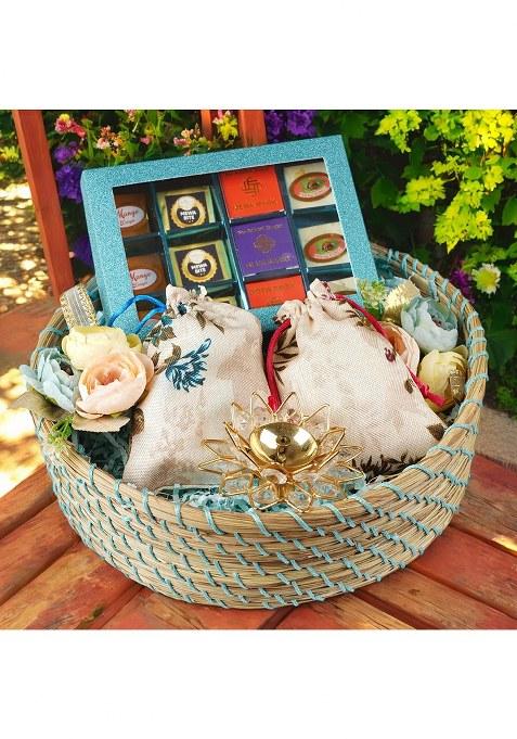 Ghasitaram Blue Jute Basket Of Kaju Katli , 2 Pouches Dryfruits And A Diya