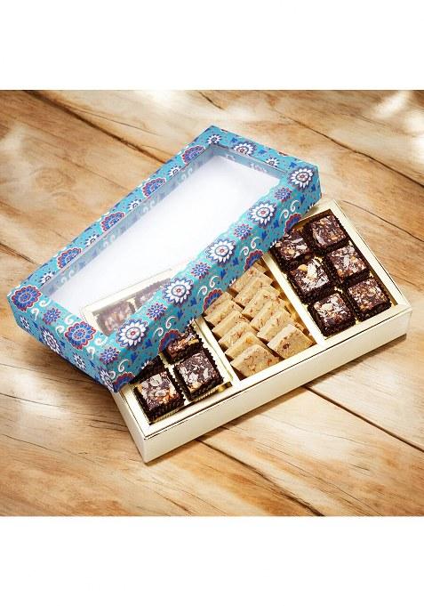 Ghasitaram Sweets-3 Part Printed Box Of Sugarfree Anjeer Bites And Kaju Katli