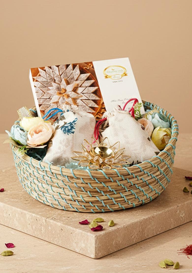 Ghasitaram Diwali Gifts-Blue Jute Basket Of Kaju Katli , 2 Pouches Dryfruits And A...