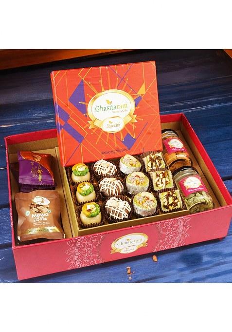 Ghasitaram Diwali Gifts-Ghasitaram Big Hamper Tray With Exotic Sweets, Crunchy Cashew, Paan Raisins, Mewa Bites And...