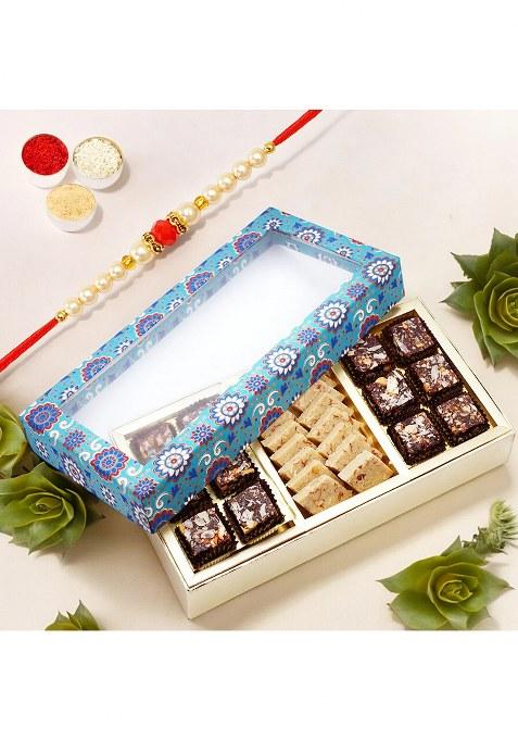 Ghasitaram 3 Part Printed Box Of Sugarfree Anjeer Bites And Kaju Katli With Pearl Beads...
