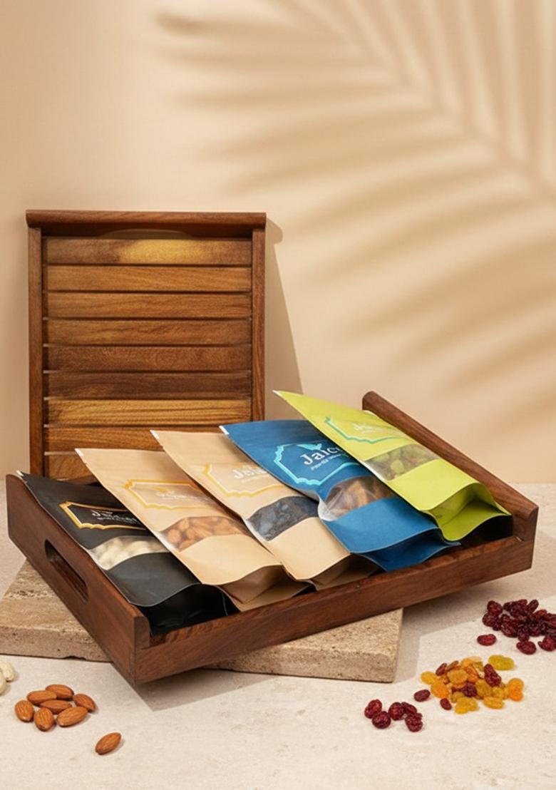 Ghasitaram Diwali Gift Hampers-Striped Big Wooden Tray Of Almonds, Mewa Bites,Banarsi Paan, Crunchy Coated Cashews And...