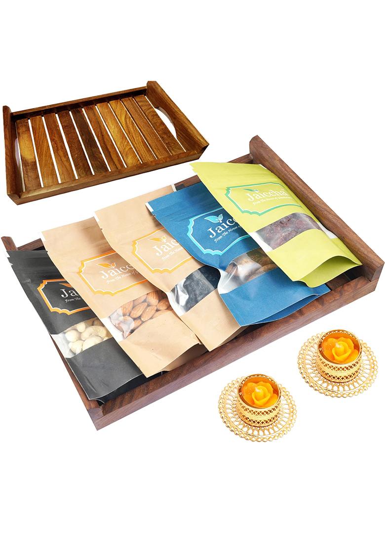 Ghasitaram Diwali Gift Hampers-Striped Big Wooden Tray Of Almonds, Mewa Bites,Banarsi Paan, Crunchy Coated Cashews And...