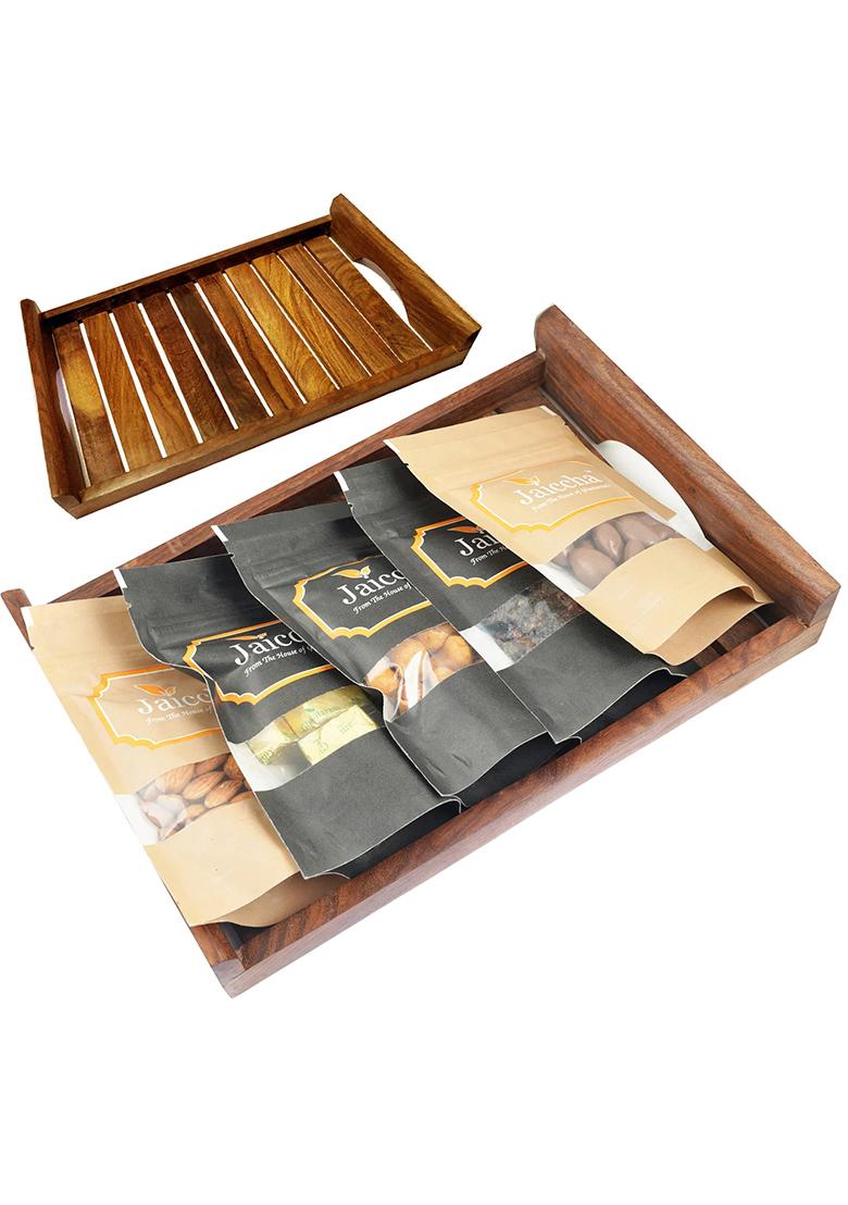 Ghasitaram Diwali Gift Hampers-Striped Big Wooden Tray Of Almonds, Mewa Bites,Banarsi Paan, Crunchy Coated Cashews And...