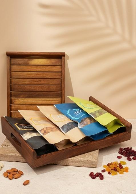 Ghasitaram Diwali Gift Hampers-Striped Big Wooden Tray Of Almonds, Mewa Bites,Banarsi Paan, Crunchy Coated Cashews And...