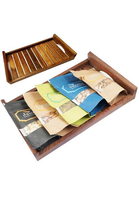 Ghasitaram Diwali Gift Hampers-Striped Big Wooden Tray Of Almonds, Mewa Bites,Banarsi Paan, Crunchy Coated Cashews And...
