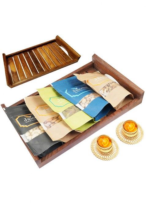 Ghasitaram Diwali Gift Hampers-Striped Big Wooden Tray Of Almonds, Mewa Bites,Banarsi Paan, Crunchy Coated Cashews And...