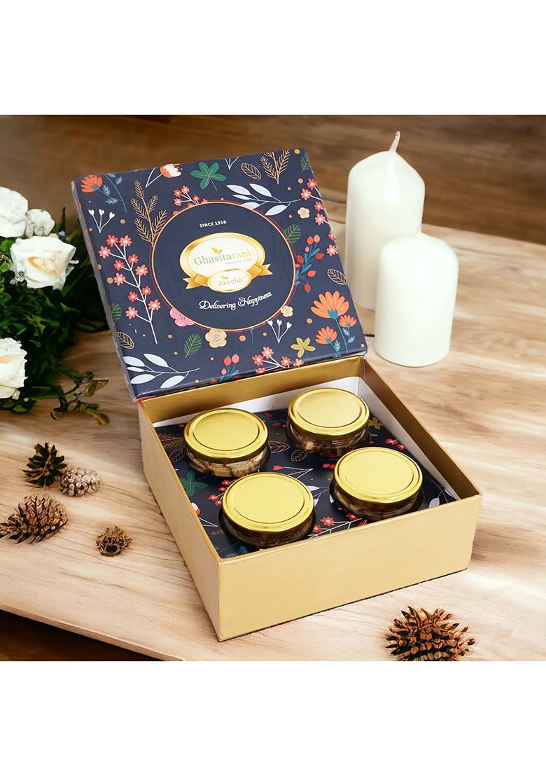 Ghasitaram Unique Diwali Gifts-Ghasitaram Hamper Box With Dryfruit Jars