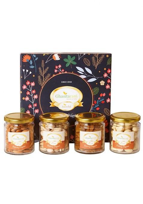 Ghasitaram Unique Diwali Gifts-Ghasitaram Hamper Box With Dryfruit Jars