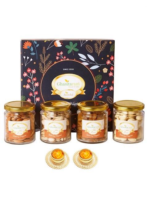 Ghasitaram Unique Diwali Gifts-Ghasitaram Hamper Box With Dryfruit Jars