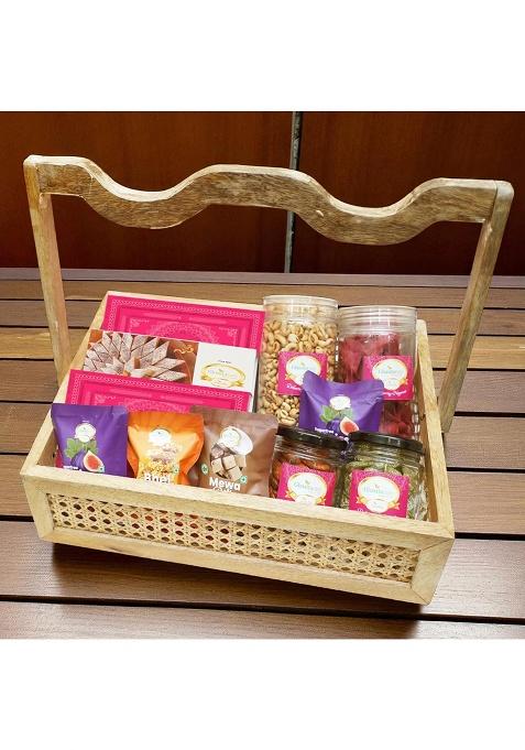 Ghasitaram Corporate Gifts-Rattan Basket Of 12 Goodies With 3 Sweets Boxes