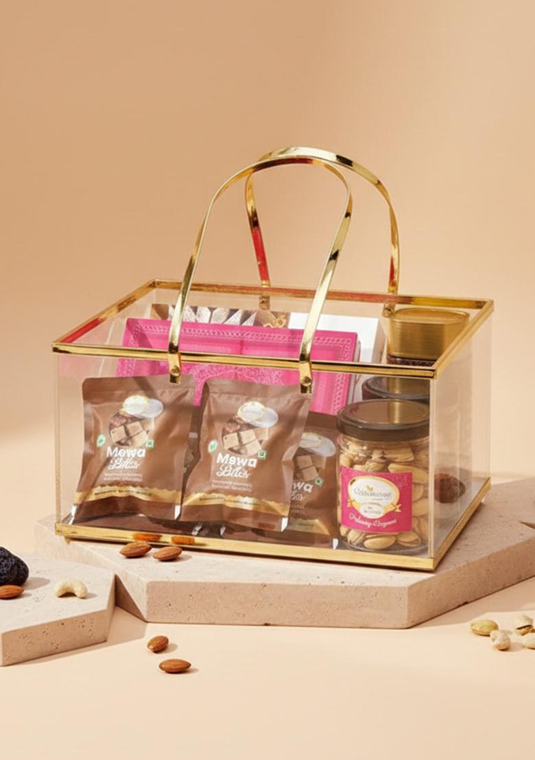Ghasitaram Corporate Gifts-Acrylic Basket Of Kaju Katli, Milk Cake, 5 Mewa Bites, 2 Jars Roasted...