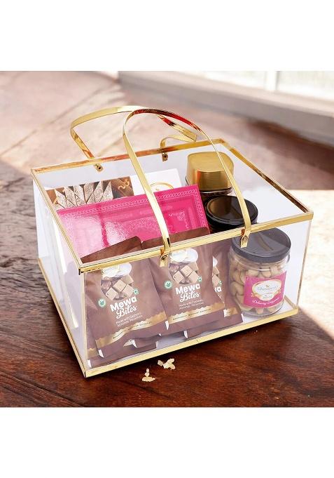 Ghasitaram Corporate Gifts-Acrylic Basket Of Kaju Katli, Milk Cake, 5 Mewa Bites, 2 Jars Roasted...