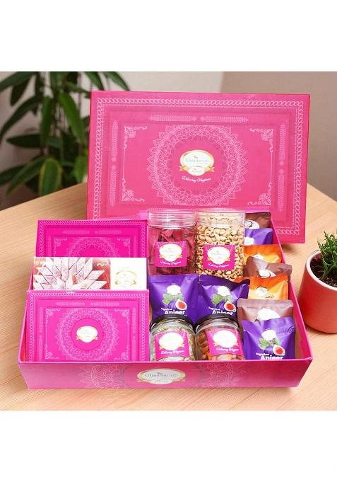 Ghasitaram Corporate Gifts-Big Pink Hamper Box Of 17 Goodies