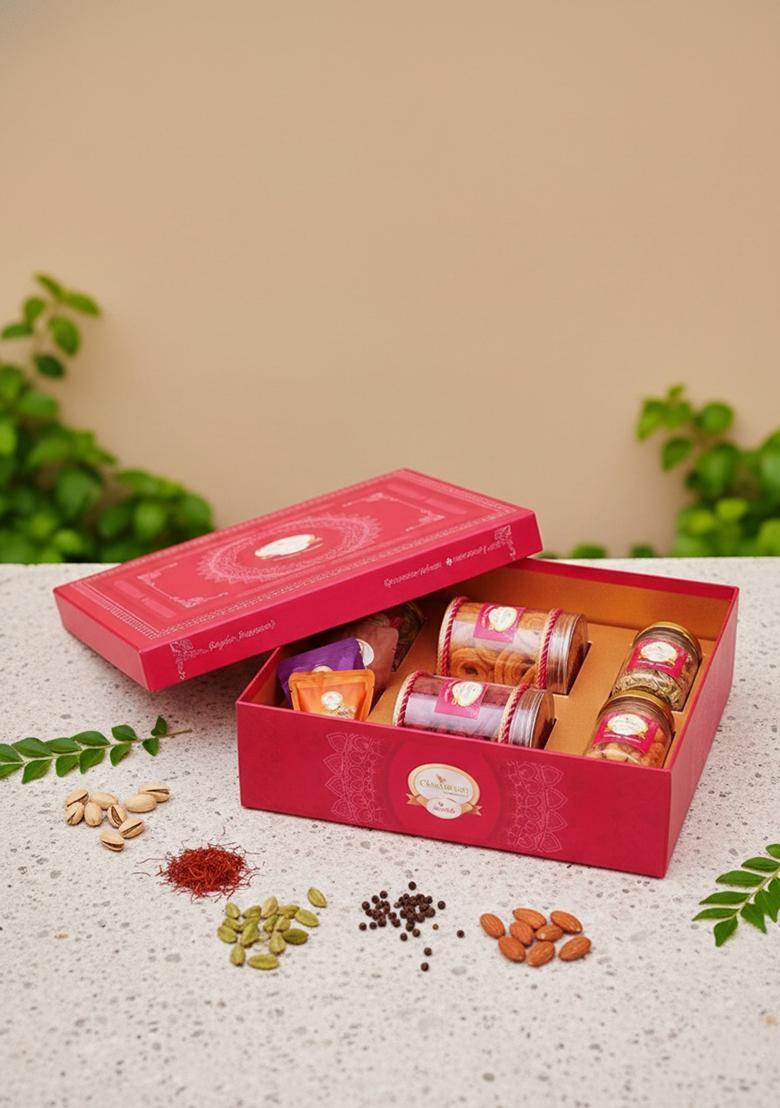 Ghasitaram Big Pink Hamper Box Of Sweets / Bites, Namkeen And Dryfruit- Phb-1