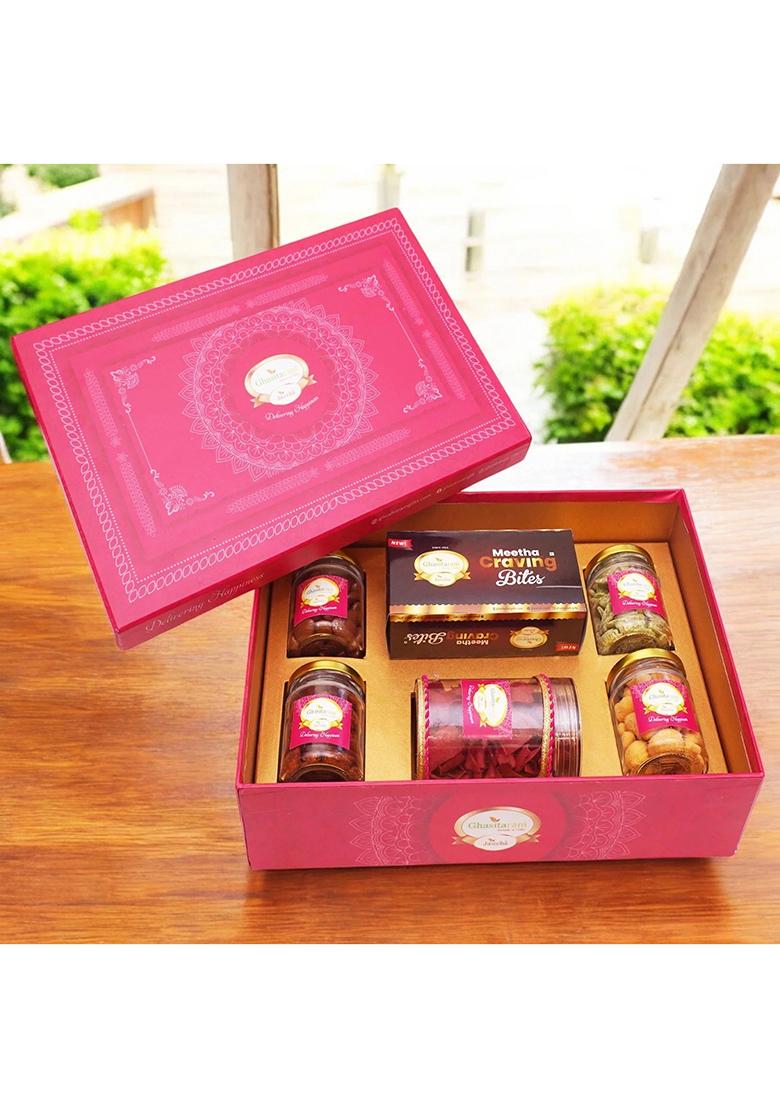Ghasitaram Big Pink Hamper Box Of Sweets / Bites, Namkeen And Dryfruit- Phb-1