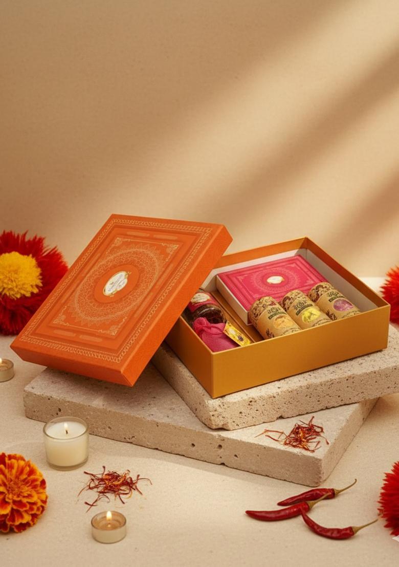 Ghasitaram Holi Sweets| Hampers| Gifts-Orange Hamper Box Of Gujiyas, Sweets/ Bites, Dryfruits, Thandai And...