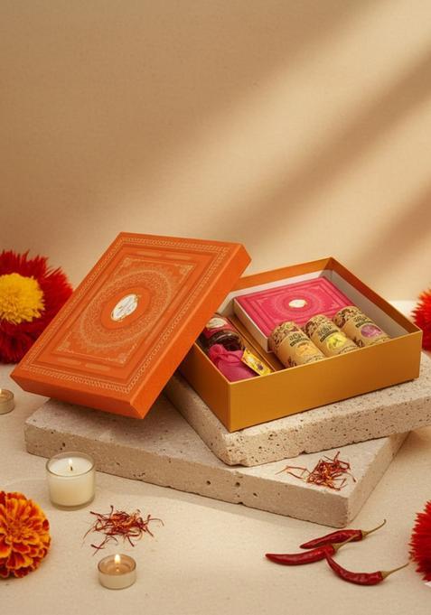 Ghasitaram Holi Sweets| Hampers| Gifts-Orange Hamper Box Of Gujiyas, Sweets/ Bites, Dryfruits, Thandai And...
