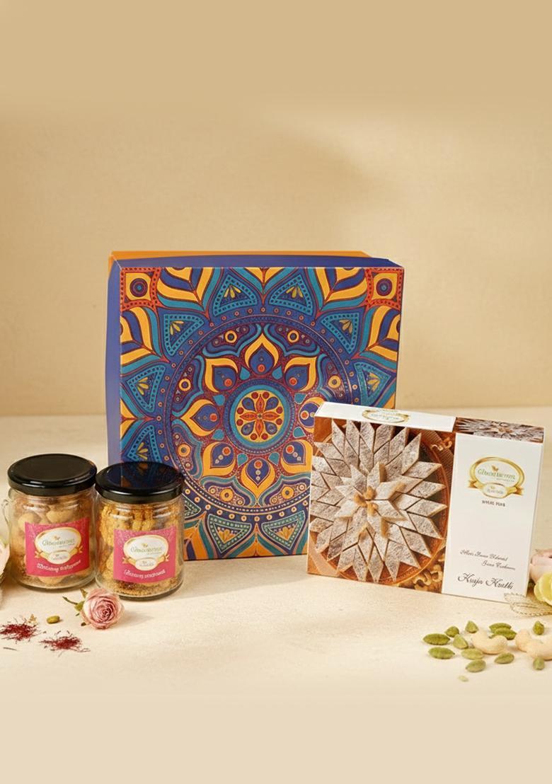 Ghasitaram Diwali Hamper Box Of Kaju Katli, 2 Jars Dryfruits And Diya