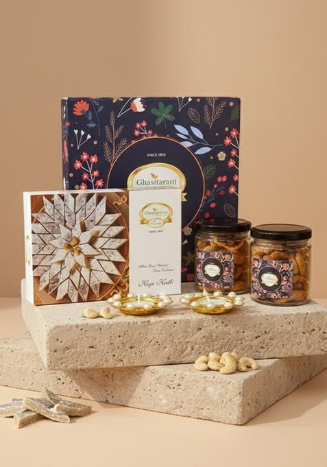 Ghasitaram Hamper Box Of Kaju Katli, 2 Jars Mixed Dryfruits, Flavour Raisins And T-Lights