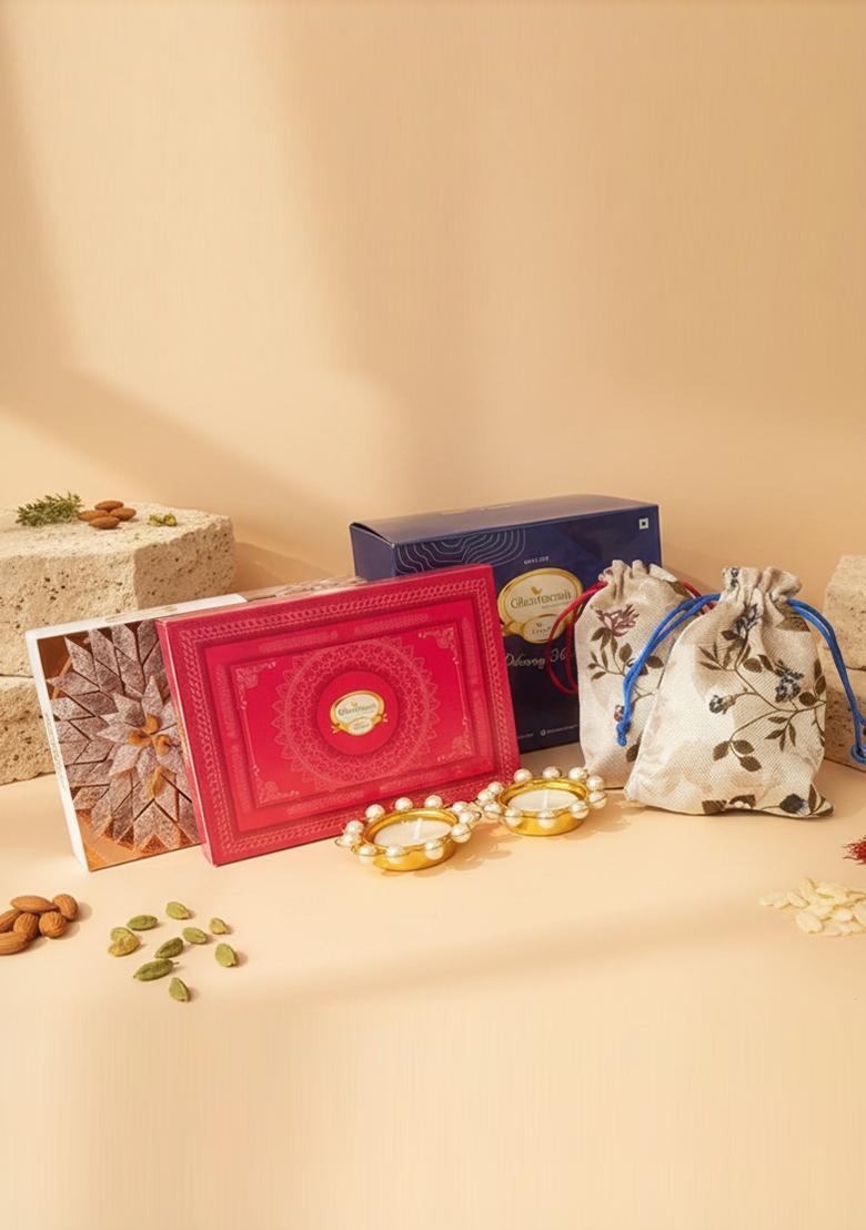 Ghasitaram Blue Box Of Kaju Katli, Milk Cake, Almonds And Flavour Raisins In Jute Pouch And...