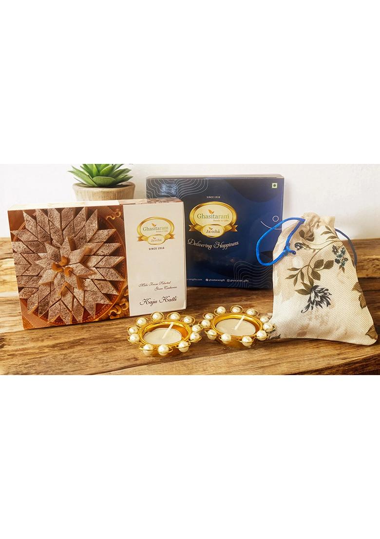 Ghasitaram Blue Box Of Kaju Katli, Almonds Jute Pouch And T-Lights