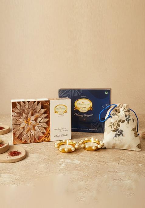 Ghasitaram Blue Box Of Kaju Katli, Almonds Jute Pouch And T-Lights
