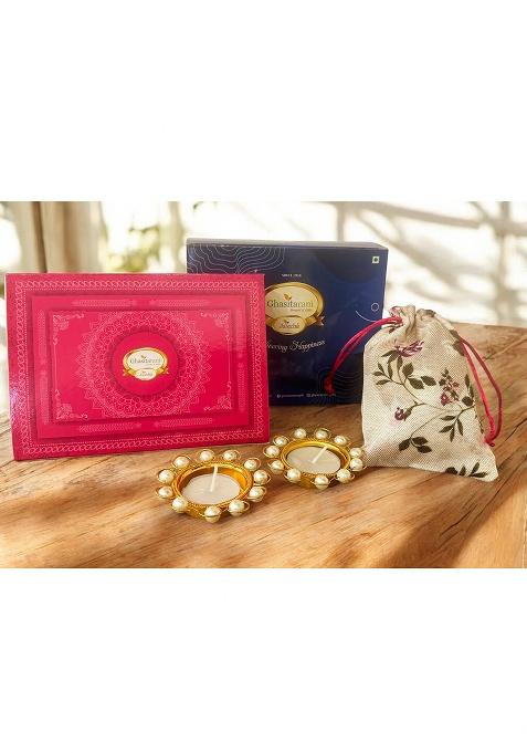 Ghasitaram Blue Box Of Kaju Katli, Almonds Jute Pouch And T-Lights
