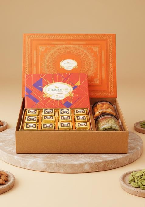Ghasitaram Orange Hamper Box Of Mewa Bites,Crunchy Cashew And Flavour Raisins Jars