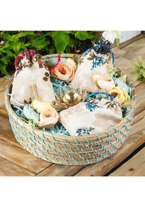 Ghasitaram Blue Jute Basket Of 3 Pouches Dryfruits, And A Diya