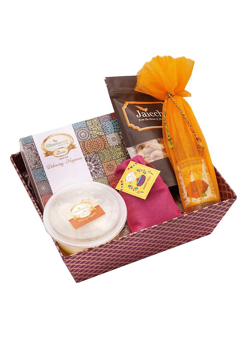 Ghasitaram Holi Sweets| Hampers| Gifts Perfect Basket Of Gujiyas, Rasgulla, Sharbat, Thandai And Butter...