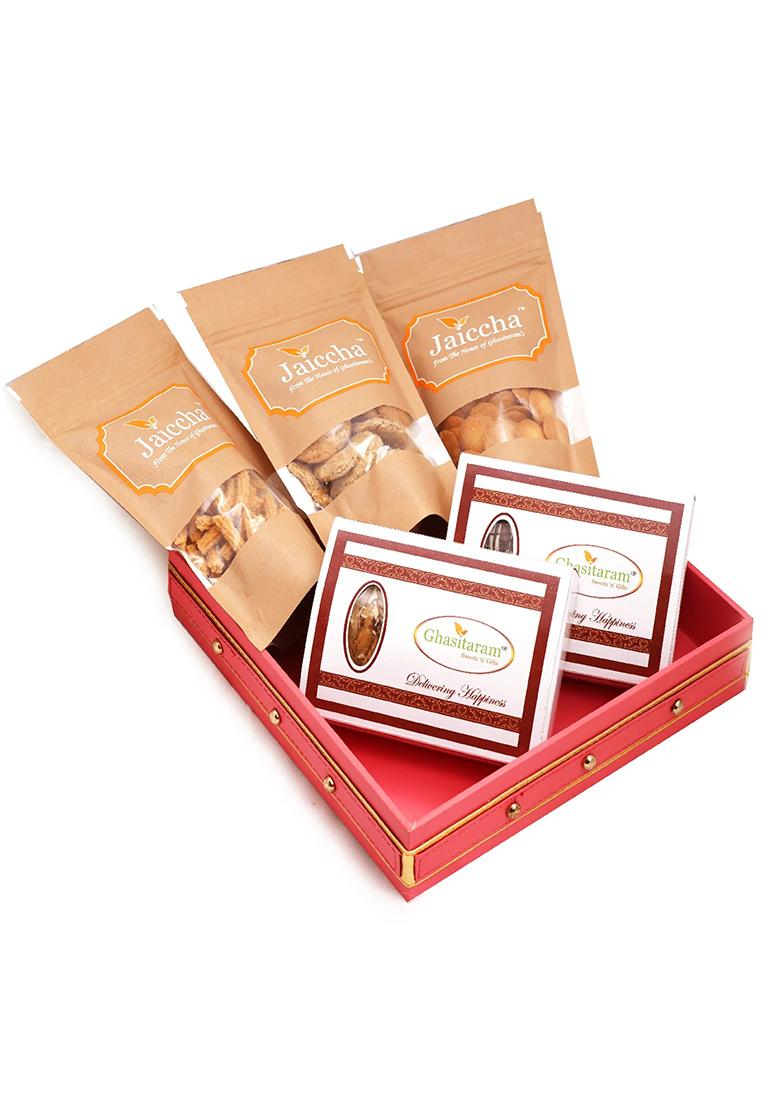 Ghasitaram Holi Sweets| Hampers| Gifts-Pink Leather Basket Of Traditional And Chocolate Gujiyas, Butter Chakli,...