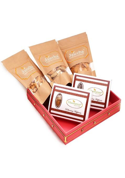 Ghasitaram Holi Sweets| Hampers| Gifts-Pink Leather Basket Of Traditional And Chocolate Gujiyas, Butter Chakli,...