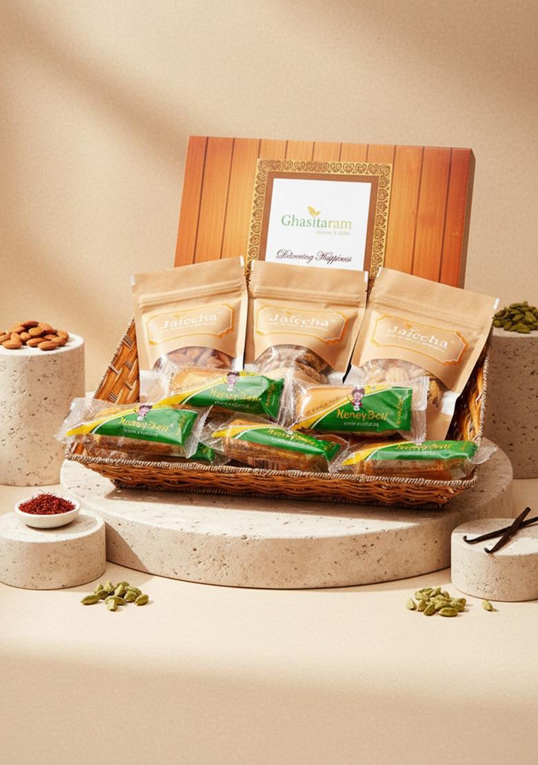 Ghasitaram Holi Sweets| Hampers| Gifts-Brown Rectangle Basket Of Assorted Gujiyas, Butter Chakli, Coin Biscuit,Methi...