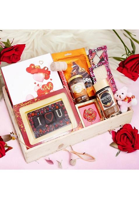 Ghasitaram Valentines Light Wooden Basket With Assorted Chocolate Hearts