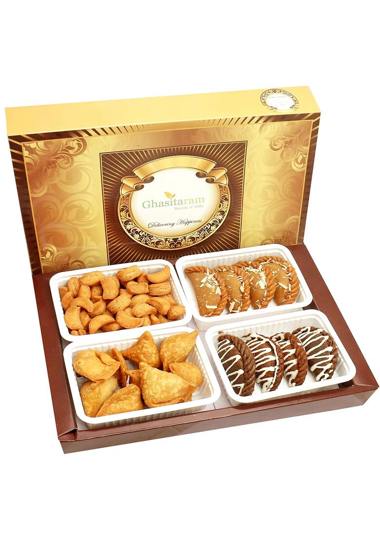 Ghasitaram Big Box Of Gujiya, Chocolate Mini Namkeen Gujiyas And Farsan Samosas
