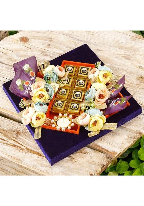 Ghasitaram Diwali Gifts-Blue Velvet Tray With Mewa Bites