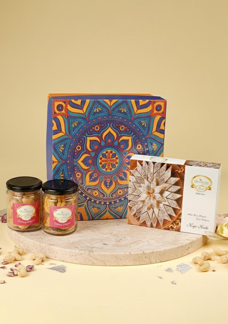 Ghasitaram Diwali Gift Hampers-Diwali Hamper Box Of Kaju Katli, 2 Jars Dryfruits And Diya