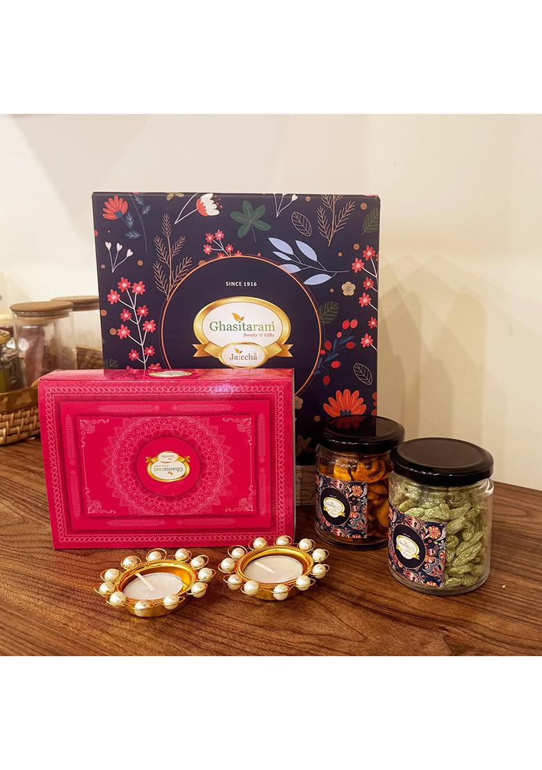 Ghasitaram Diwali Gift Hampers-Diwali Gifts-Ghasitaram Hamper Box Of Kaju Katli, 2 Jars Mixed Dryfruits, Flavour...