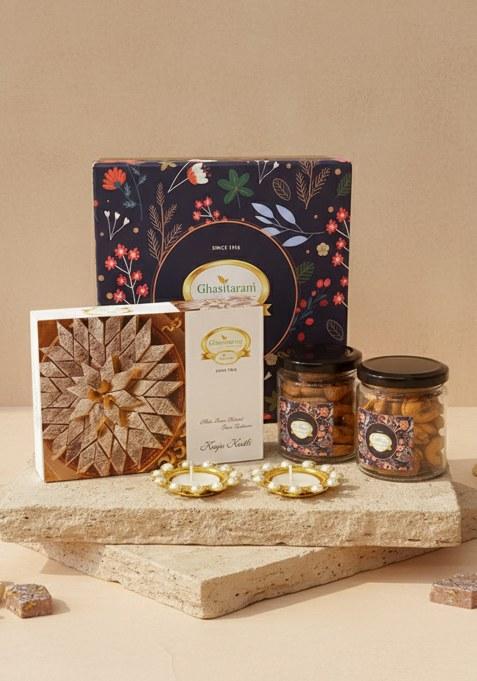 Ghasitaram Diwali Gift Hampers-Diwali Gifts-Ghasitaram Hamper Box Of Kaju Katli, 2 Jars Mixed Dryfruits, Flavour...