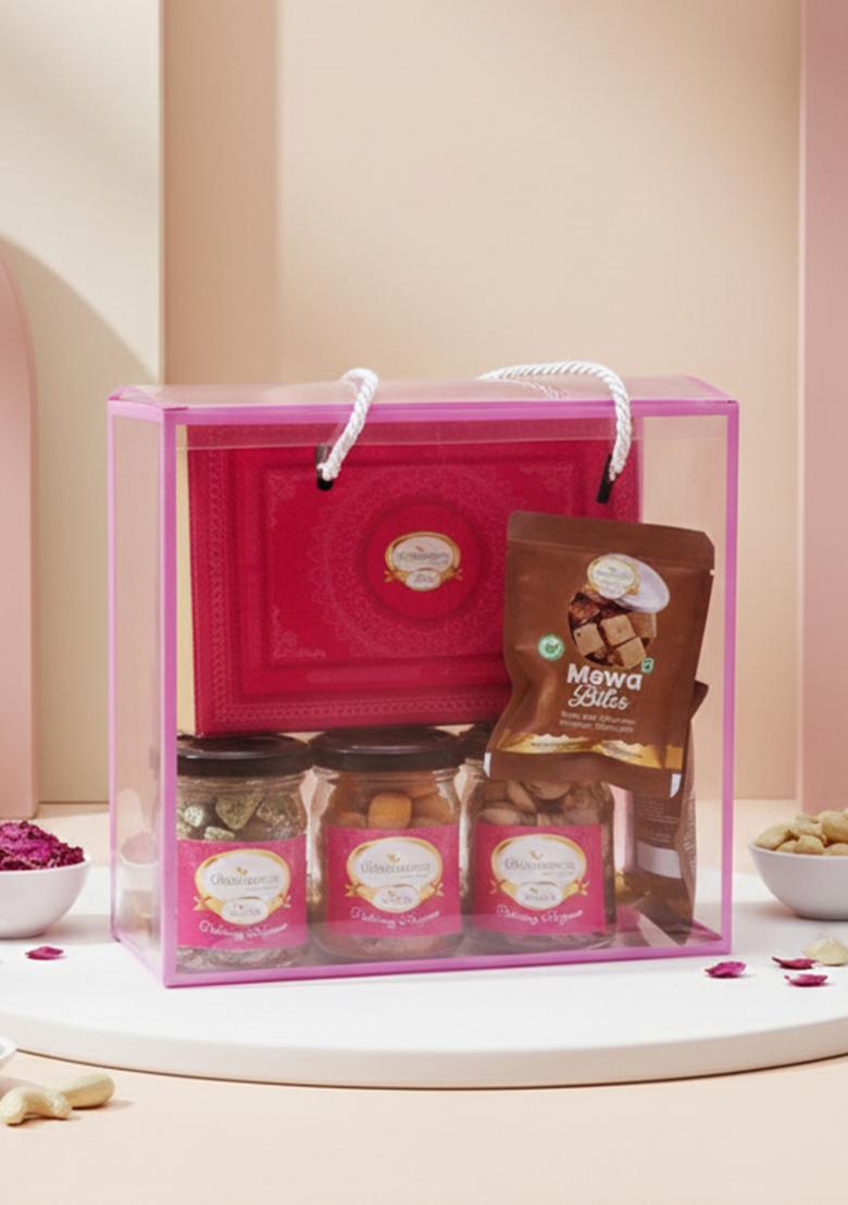 Ghasitaram Diwali Gifts-Transparent Gift Box With Kaju Katli, Jars Of Crunchy Cashews, Paan Raisins, Pistachios And...