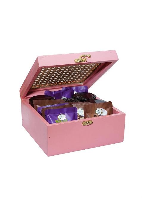 Ghasitaram Diwali Gifts-Pink Cane Rattan Box With Kaju Katli, Paan Raisins, Crunchy Cashew, Pista And Mewa...