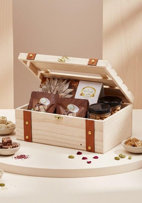 Ghasitaram Diwali Gifts-Wooden Leather Belt Box Of Kaju Katli, 2 Jars Cashews And Almonds And...