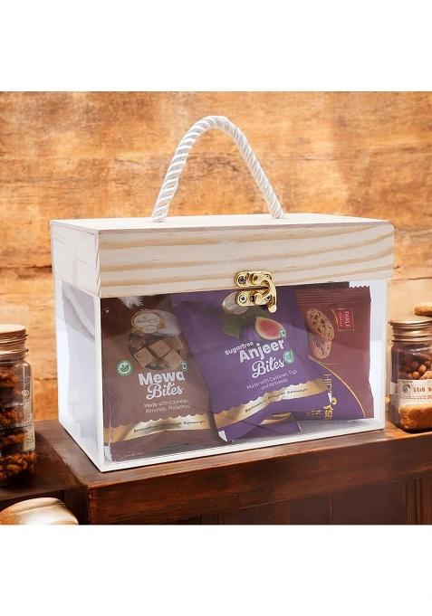 Ghasitaram Diwali Gifts-Wooden Acrylic Box Of Mewa Bites, Sugarfree Bites And Cookies Pouches