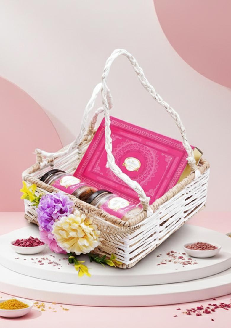 Ghasitaram Diwali Gifts-Jute Square Flower Basket With Kaju Katli And 2 Jars Of Crunchy Cashews And...