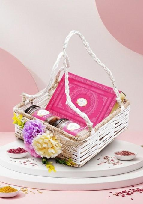 Ghasitaram Diwali Gifts-Jute Square Flower Basket With Kaju Katli And 2 Jars Of Crunchy Cashews And...