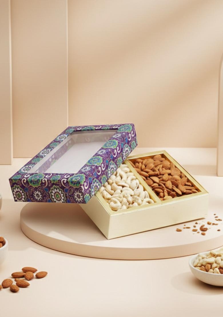Ghasitaram Unique Diwali Gifts-Diwali Dryfruits-2 Part Printed Dryfruit Box Of Cashews And Almonds