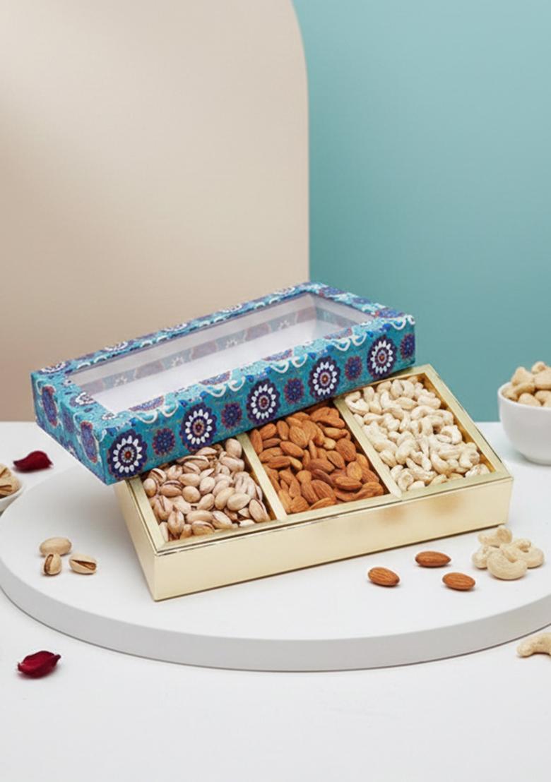 Ghasitaram Unique Diwali Gifts-Diwali Dryfruits-3 Part Printed Box Of Cashews, Almonds And Pistachios