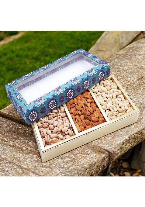 Ghasitaram Unique Diwali Gifts-Diwali Dryfruits-3 Part Printed Box Of Cashews, Almonds And Pistachios