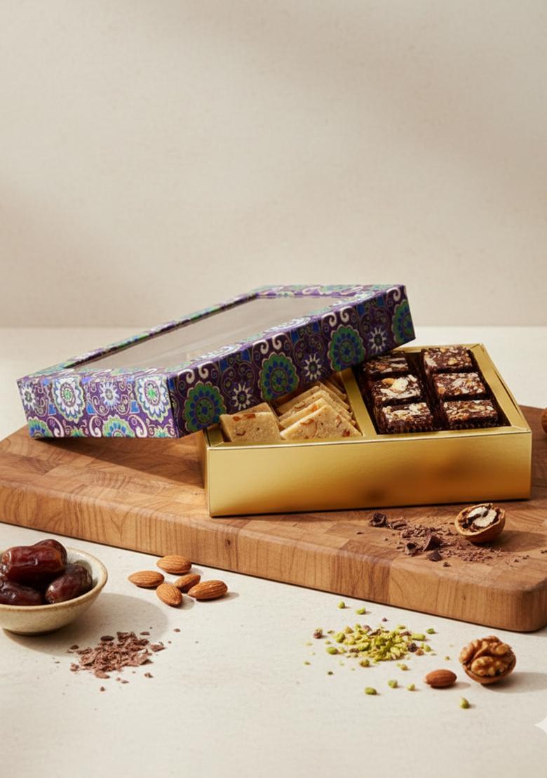 Ghasitaram Best Indian Sweets For Diwali-Diwali Gifts-2 Part Printed Box Of Bites And Kaju Katli